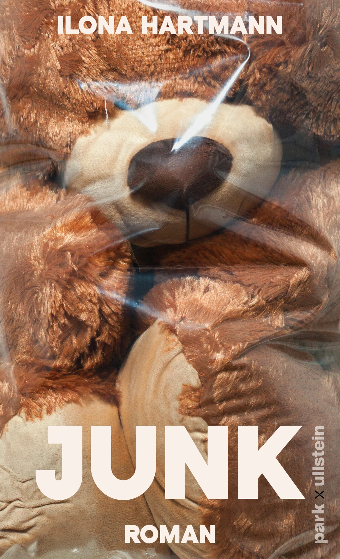 Cover von „Junk“ von Ilona Hartmann: Nahaufnahme eines braunen Teddybären unter durchsichtigem Plastik, warmbraune Farbtöne und glänzende Lichtreflexe.